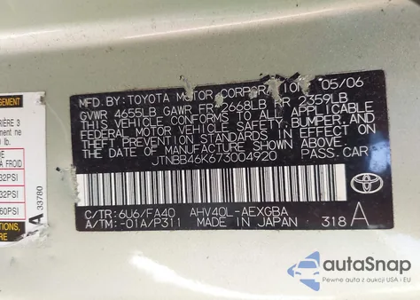 2007 Toyota Camry Hybrid from USA, damaged, VIN JTNBB46K673004920